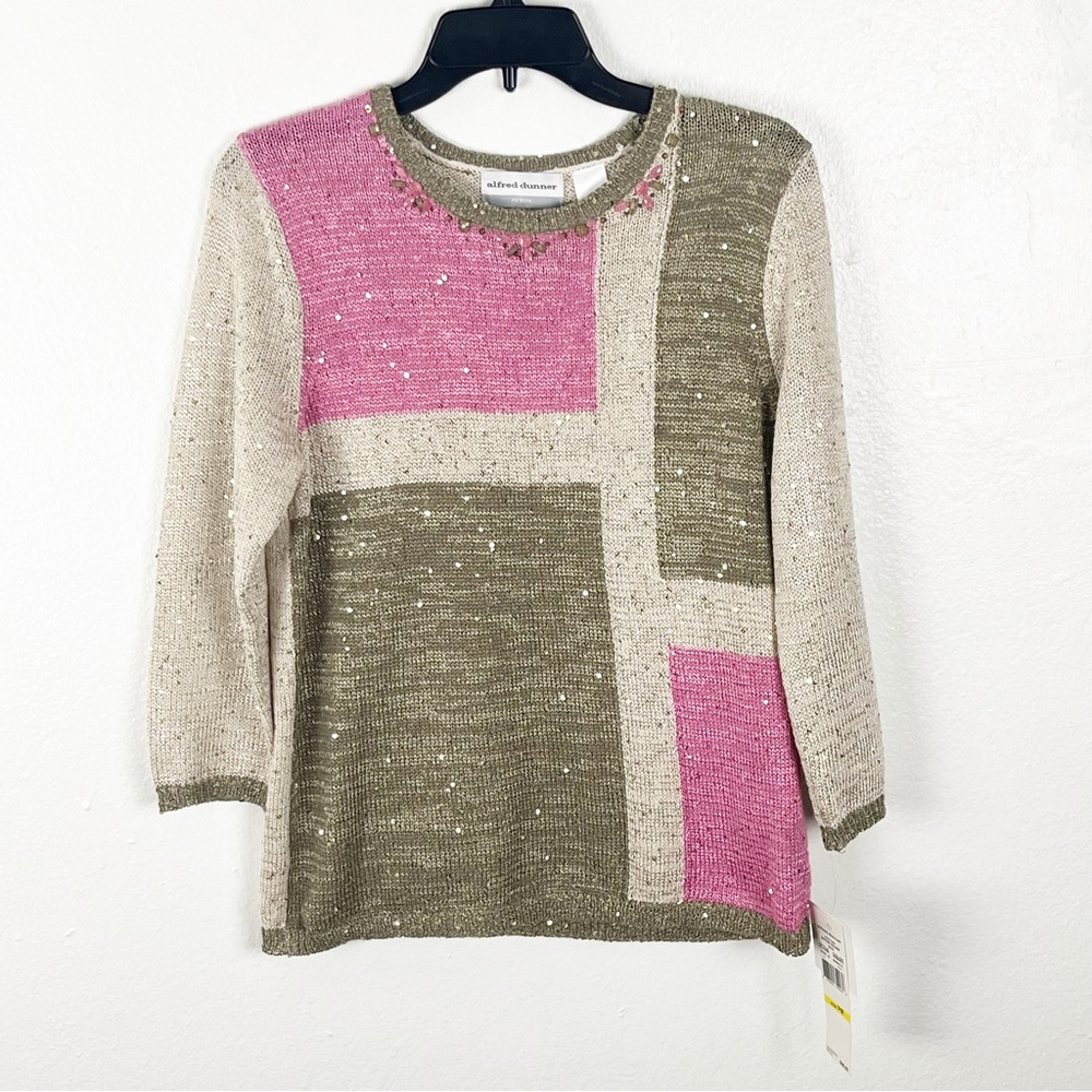 ALFRED DUNNER Colorblock Sequin Long Sleeve Sweater Size PM Mature Casual Dressy